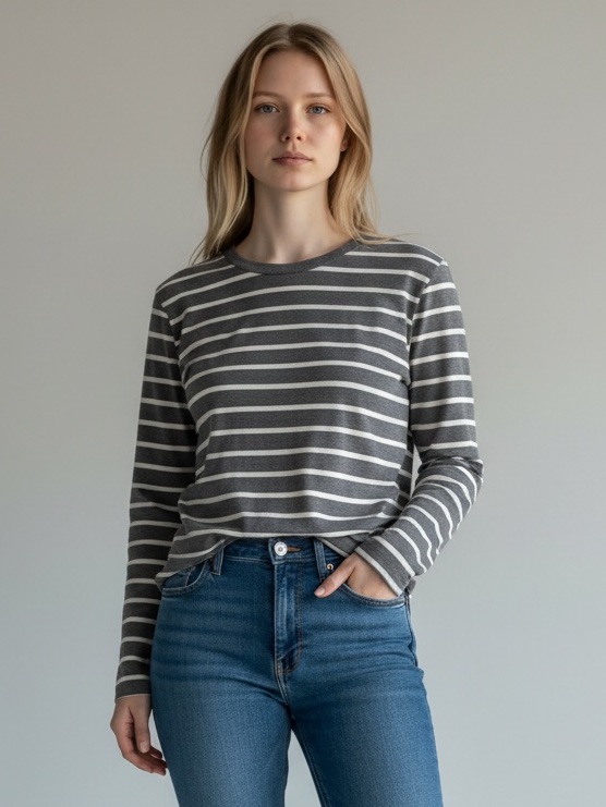 Banana Republic Gray & White Striped Long-Sleeve Crewneck